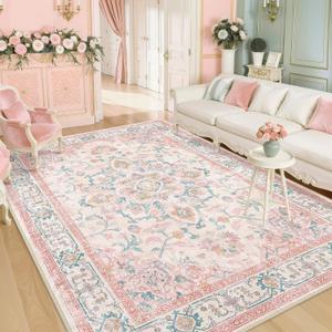 CAPALOCA Machine Washable Rugs Nursery Rug 6x9 Cute Girl Non Slip Low Pile Water Repellent Soft Print Pattern for Bedroom Indoor Decor Kids Playroom Pink Teal