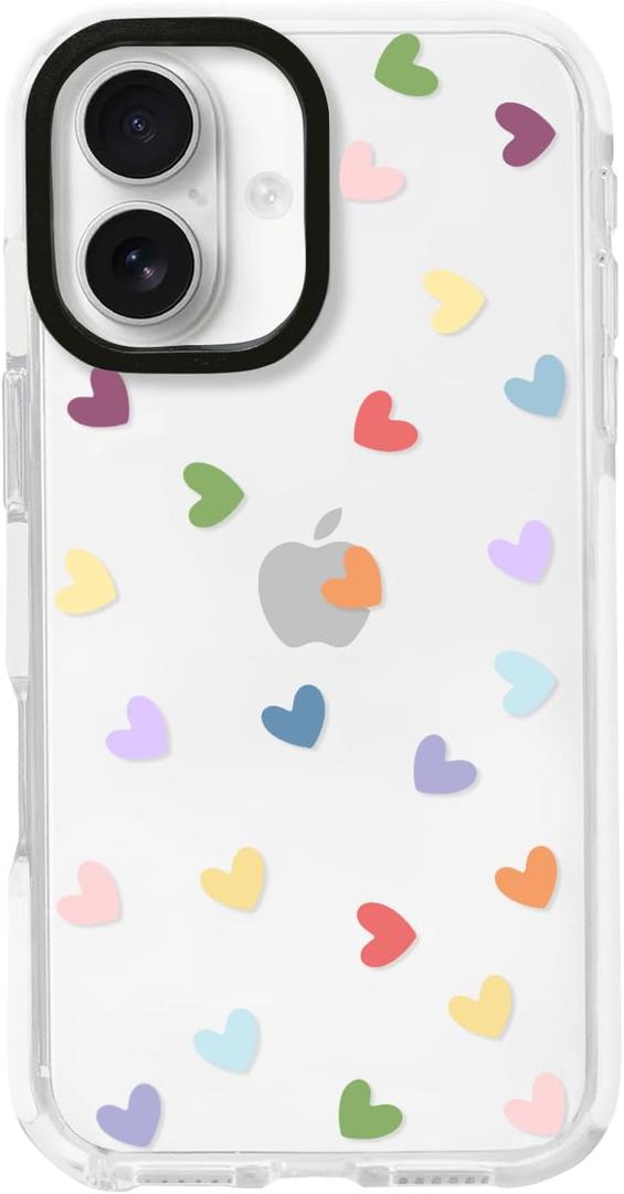 NITITOP Compatible with iPhone 16 Case Cute Clear for Women Girls Colorful Love Heart Pattern Ultra Slim with Bumper Protector Soft TPU Anti-Yellow Protective Cover - Colorful Heart