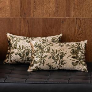 Velvet Floral Print Throw Pillow Covers Set of 2, Superior Soft Decorative Pillow Cases with Luxurious Silky Textured Vintage Cushion Covers for Home Decor Couch Sofa Bed (Champagne, 12x20)