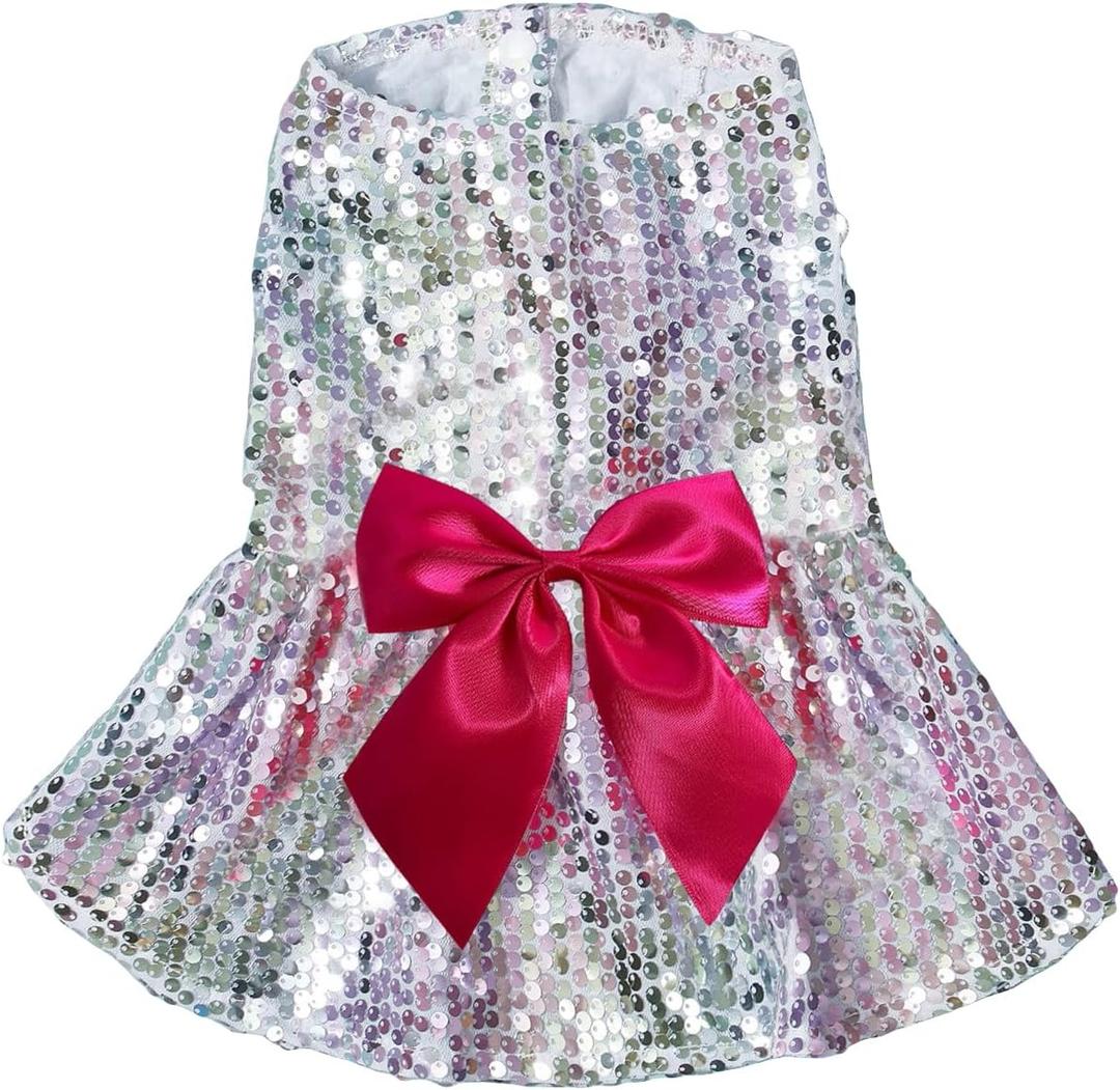 QWINEE Dog Dresses Sequin Dog Shirt Skirt Birthday Wedding Halloween Christmas Costume Dog Clothes for Cat Puppy Small Dog Silver Large