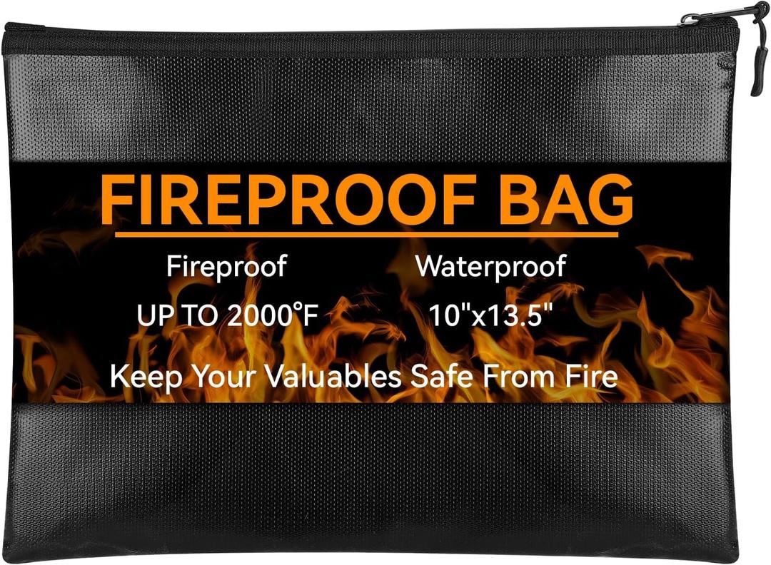Fireproof Document Bag (10"x13.5"), Waterproof Holder with Zipper for Passport, Important Papers, Cash, Money and Valuables, Secure Storage Organizer for Travel, Home, Office