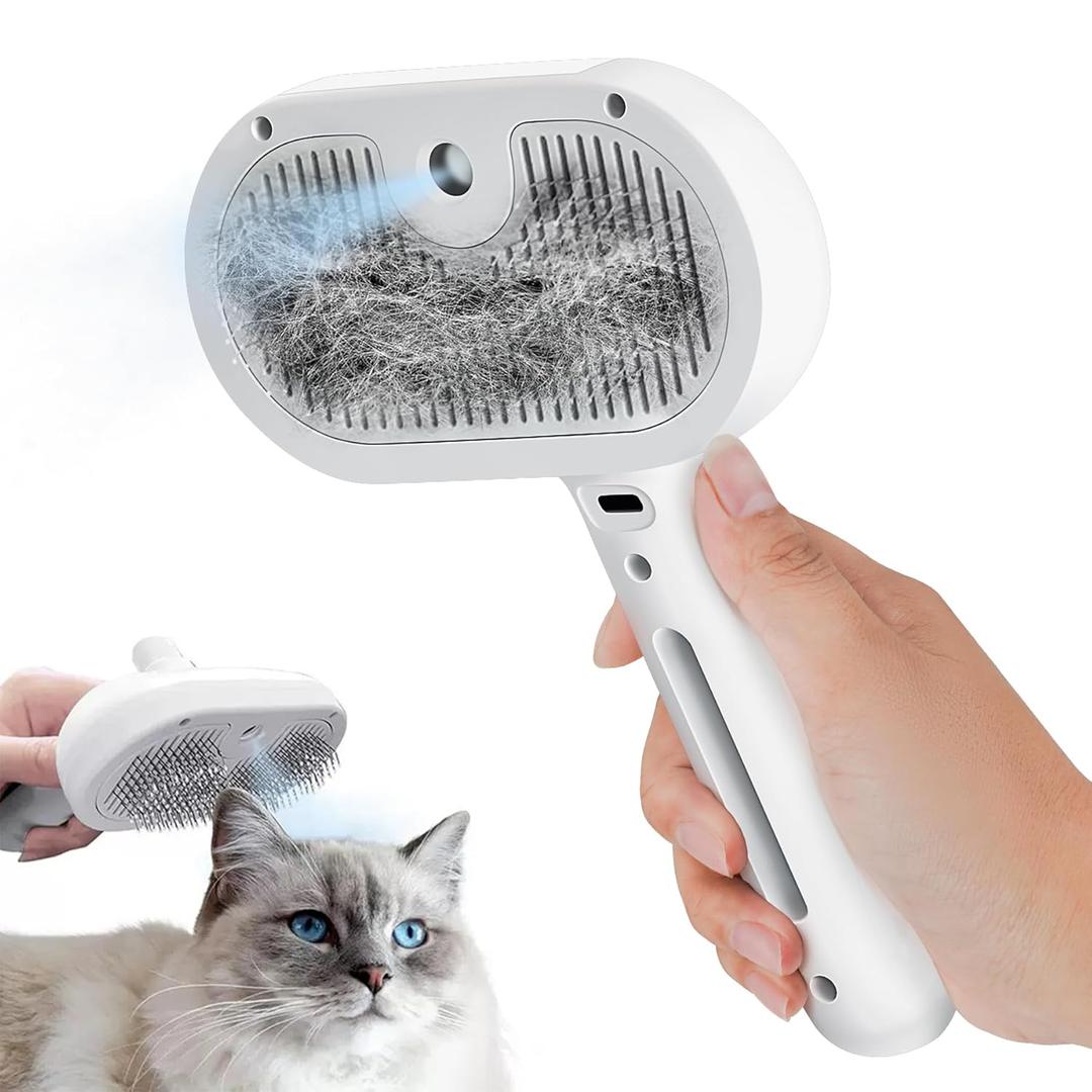 Mist Massage Brush sheddyMist PuffGroom GroomFlowCat Brush for Indoor Cats, Pet Steam Brushes for Shedding, Hair Supplies for Long or Short Haired Kitten, White