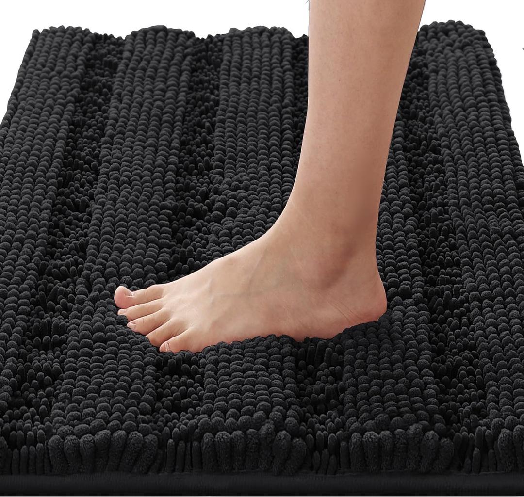 H.VERSAILTEX Non-Slip Bath Mat - Chenille Striped, 17" x 24", Absorbent, Soft Shaggy, Washable, Dry Fast - Black