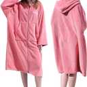 Hiturbo Surf Poncho Zipper Towel Hoodie: Oversized Hooded Wetsuit Changing Robe with Pocket - Plush Coral Fleece Swimwear for Home Beach Pool Bath - Pink