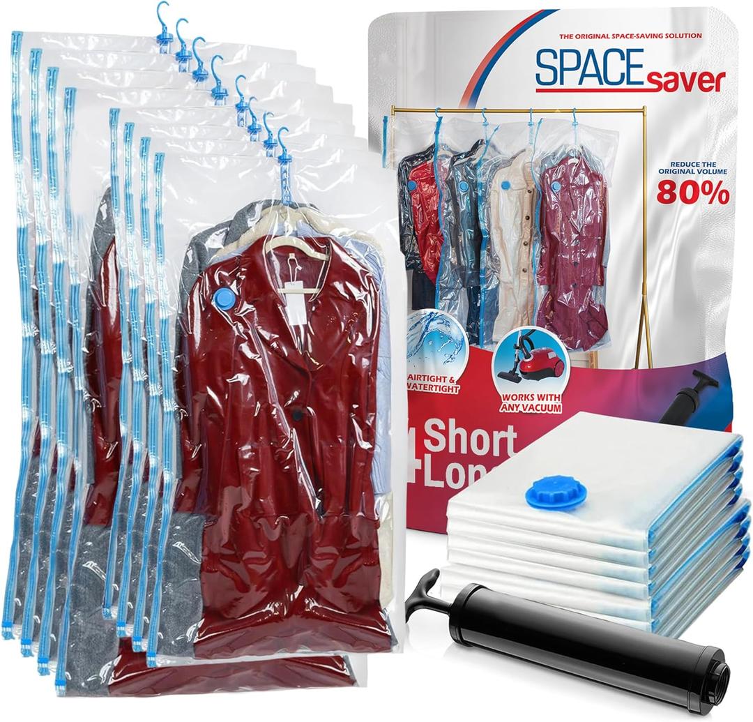 Hanging Vacuum Storage Bags for Clothes & Coats  8 Pack (4 Small & 4 Large) Vacuum Seal Garment Bags for Hanging Storage  Space Saving Compression Bags for Clothing, Jackets  Transparent