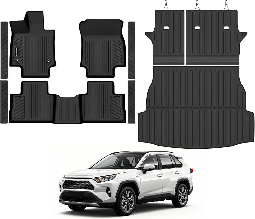 Floor Mats for Toyota RAV4 Hybrid 2019-2025 Accessories | Trunk Mat and Backrest Mat & Door Sill Guard All Weather TPE Protector Odorless Full Set Interior Floor Liners