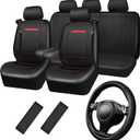 CAR PASS Leather Car Seat Cover Full Set for Trucks and SUV with Built-in Seatbelts and Front Seat Side Armrests, with Steering Wheel Cover and 2PCS Seat Belt Shoulder Pads(Combo Set, Black and Red)