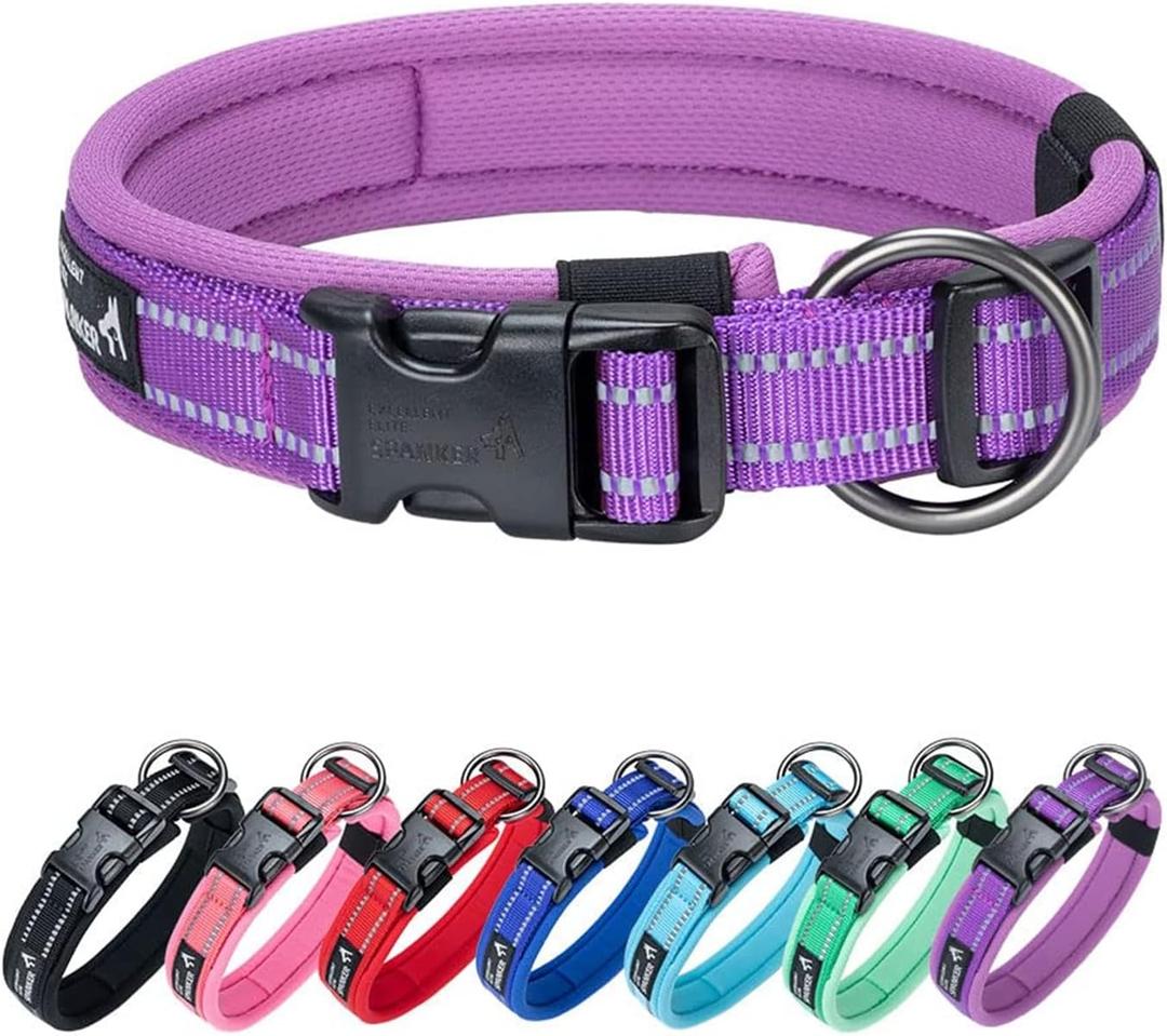 EXCELLENT ELITE SPANKER Reflective Dog Collar Classic Soft Padded Breathable Nylon Adjustable Pet Collar with Quick Release Buckle for Boy Girl Male Female Dogs Training(Purple-L)
