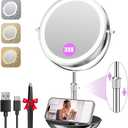 Auxmir 9" Large Lighted Makeup Mirror with Magnification, 1X/30X Double Sided Magnifying Mirror with Adjustable Height, Rechargeable Vanity Mirror with 3 Color Dimmable Lights, 360 Rotation