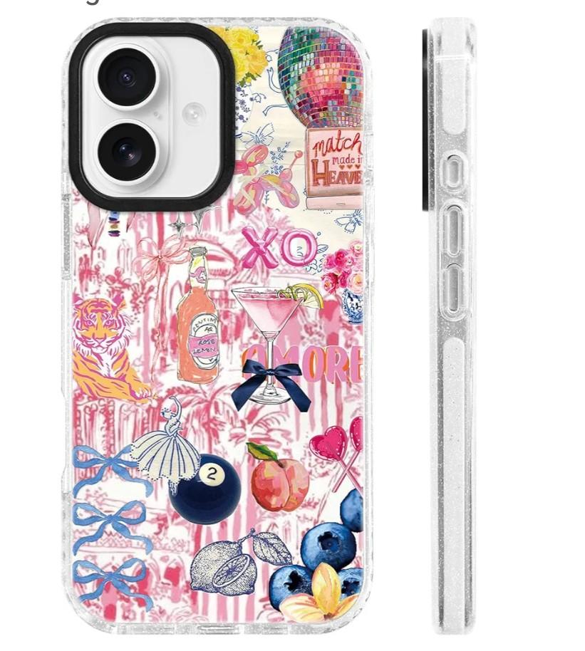 for iPhone 16 Case [Military-Grade Drop Protection/Vibrant Soft TPU Protective/Camera Protection/for Women & Girls]-Romantic Sporty Hand-Painted Collage