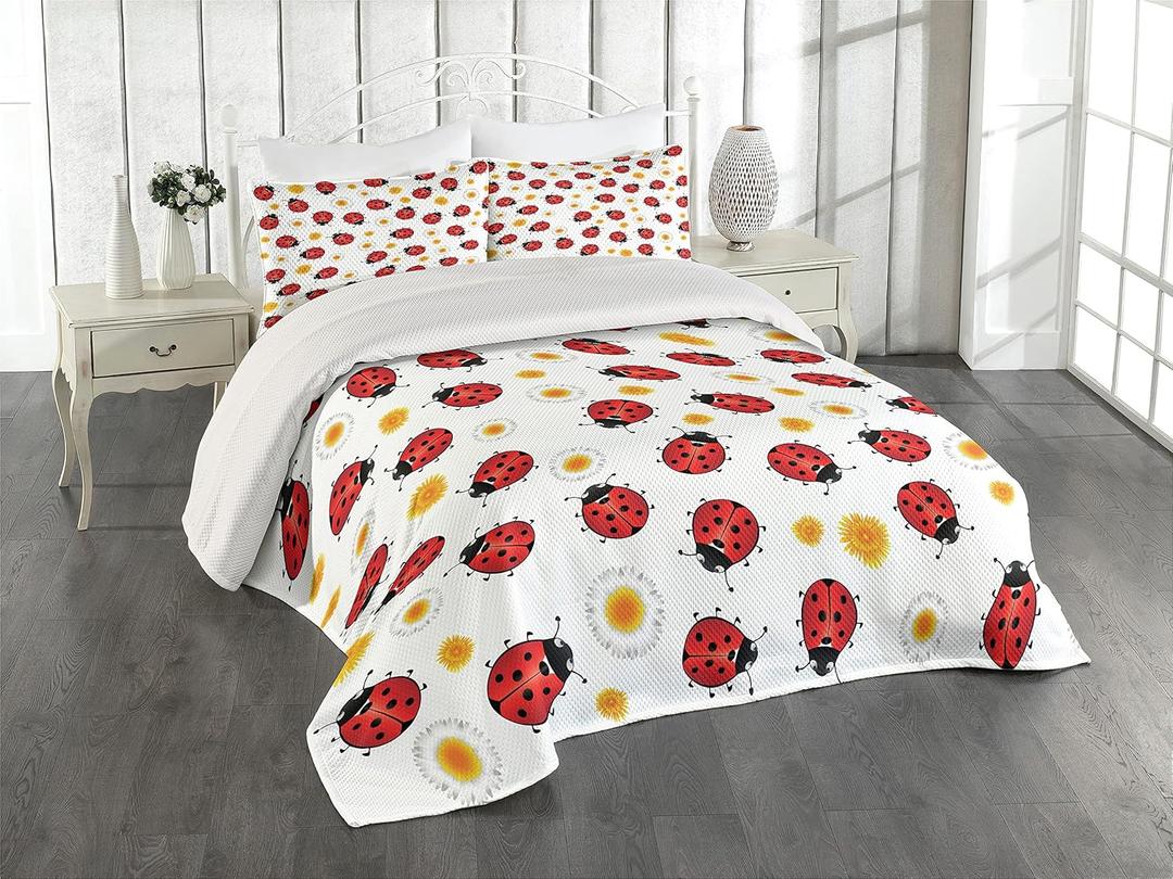 Lunarable Ladybugs Coverlet Set Queen Size, Summer Motif of The Ladybird and Flowers Spring Bloom Chamomiles Illustration, 3 Piece Decorative Quilted Bedspread Set with 2 Pillow Shams, Marigold Black