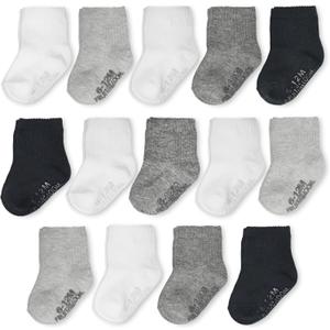 Fruit of the Loom Baby 14-Pack Grow & Fit Flex Zones Cotton Stretch Socks - Unisex, Girls, Boys (12-24 Months, Black, White, Grey)