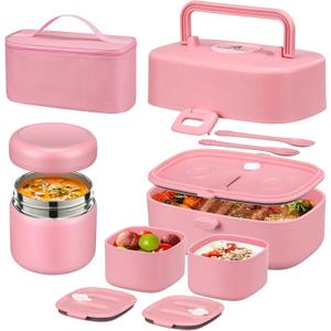 Bento Lunch Box with 8oz Soup Thermo, Kids Sustainable Bento Box Leakproof Lunch Food Containers with Lunch Bag, Kids Thermo Insulated Hot Food Jar for School, Trvael (Pink)