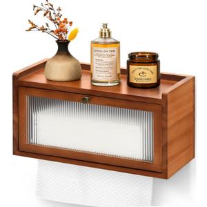 Wall Mount Paper Towel Holder, Wooden Paper Towel Dispenser for C-Fold Z-Fold Trifold Towel, Brown Bathroom Paper Towel Holder with Acrylic Window & Top Shelf, Vintage Farmhouse Kitchen Bathroom Decor