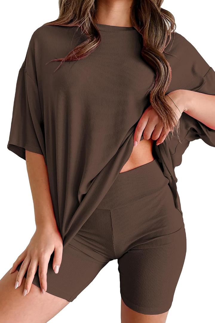 Women's 2 Piece Lounge Set 2026 Summer Casual Outfit Oversized Tshirts & Biker Shorts (Brown, L)