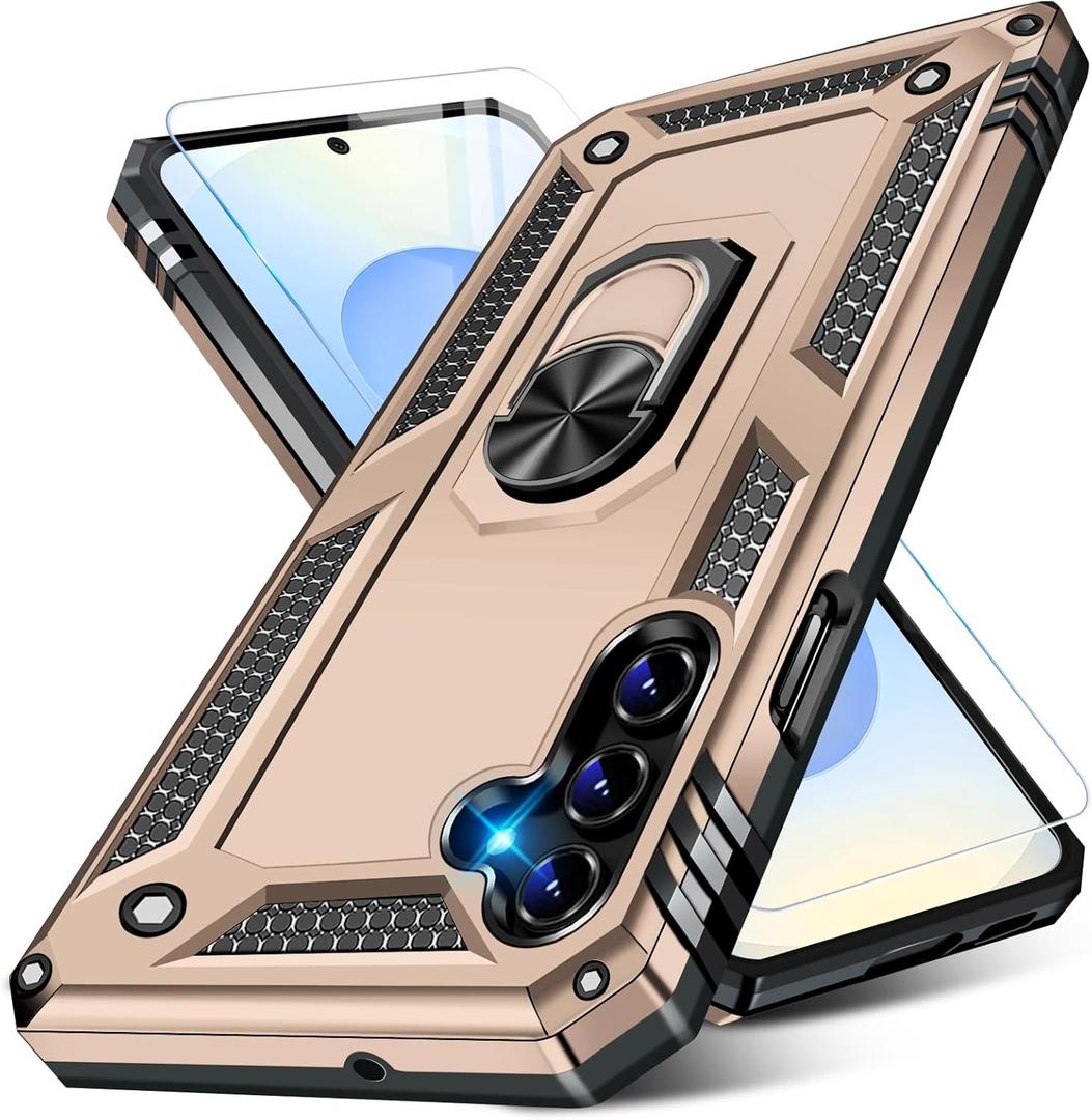 Heavy Duty Case for Samsung Galaxy S25 Phone Case with Screen Protector, Military Grade Shockproof Rugged Protective Cover for Samsung S25, with Metal Ring Magnetic Kickstand (Gold)