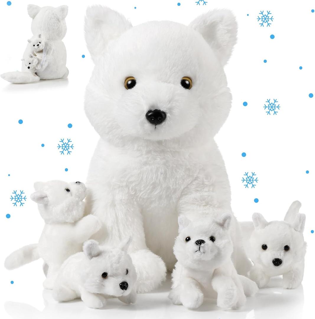 Lenwen 5 Pcs Stuffed Animal Bulk 1 Mommy Plush with 4 Cute Babies Plush Wild Stuffed Animal Toy for Boys Girls Birders Zoo Gifts (White Wolf)
