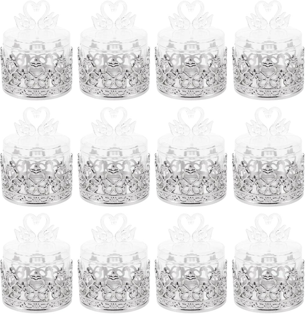 LOGOFUN 12Pcs Clear Favor Boxes Plastic Dome Shaped Candy Box Mini Gift Holder with Swan Love Heart Lid for Wedding Birthday Party Decor - Silver 3.14X2.36X2.36in