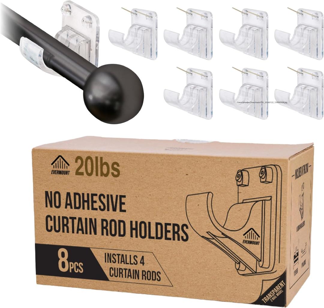 No Adhesive Heavy Duty Curtain Rod Holders with Wide Hook, 5X Stronger Than Adhesive Curtain Rod Hooks,Tension Curtain Rod Bracket for Wall with Pin Guide, Curtain Wall Mount (8 Pack, for 0.75" Rods)
