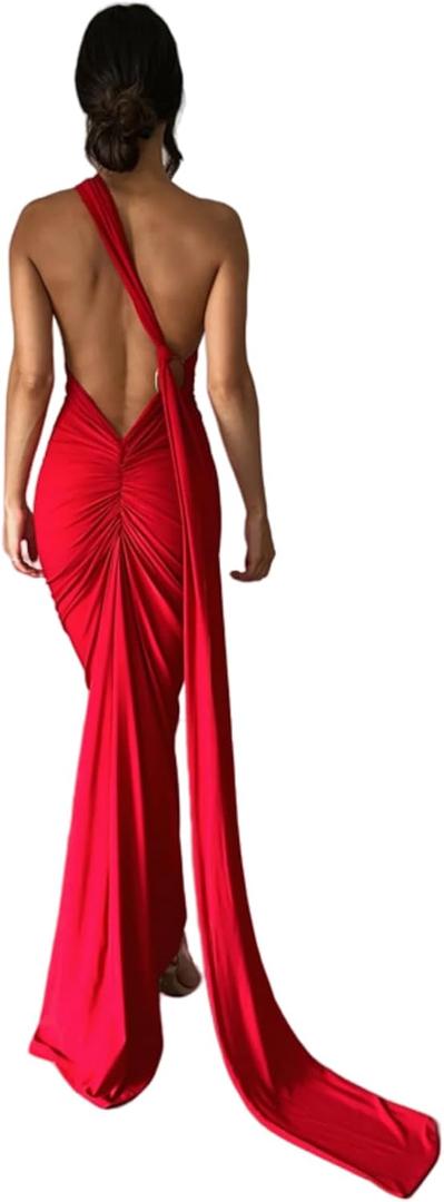 Women's Sexy One Shoulder Backless Maxi Dress Elegant Ruched O Ring Sleeveless Evening Dress Long Gown Cocktail Dress (Medium, Red)