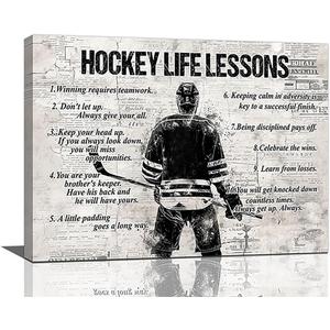 Vintage Hockey Sports Wall Art Life Lessons Sign Retro Poster for Boy Men Room Motivational Decorations Canvas Print Painting Artwork for Bedroom Bathroom Living Room 24"x16"