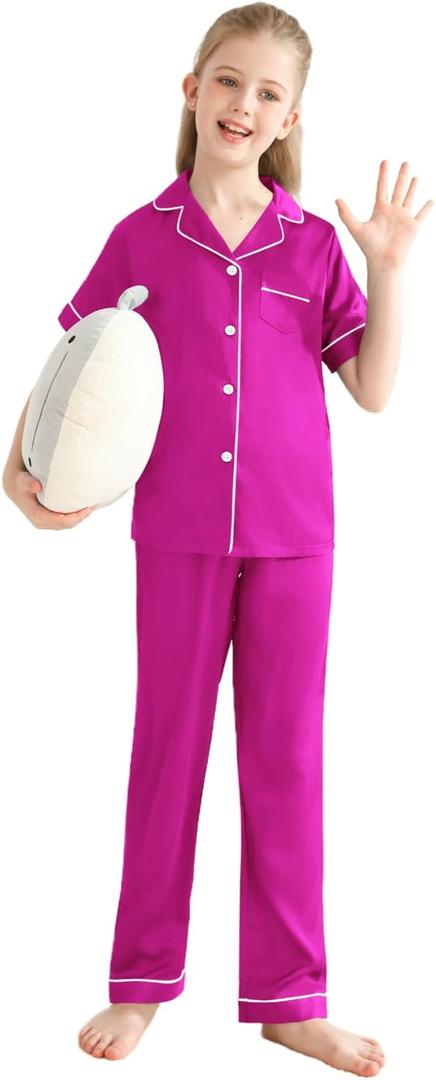 Veseacky Barbie Pajamas for Girls Short Sleeve Pjs for Kids Satin Two Piece Lounge Sets Button Down Sleepwear with Long Pants (Rose red,12y)