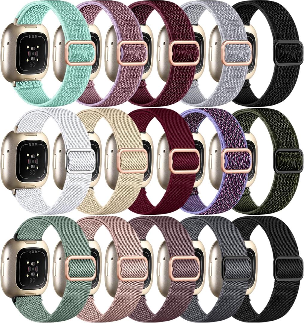 15 Pack Elastic Bands Compatible with Fitbit Sense & Versa Bands, Comfortable Nylon Solo Loop Replacement Strap for Women & Men (ONLY For Versa 3/Versa 4/Sense/Sense 2)