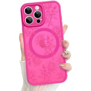 MZELQ for iPhone 16 Pro Case Rose Floral Flowers Matte Aesthetic Cute Pattern Magnetic [Compatible wth Magsafe] Fit iPhone 16 Pro Case -Hot Pink