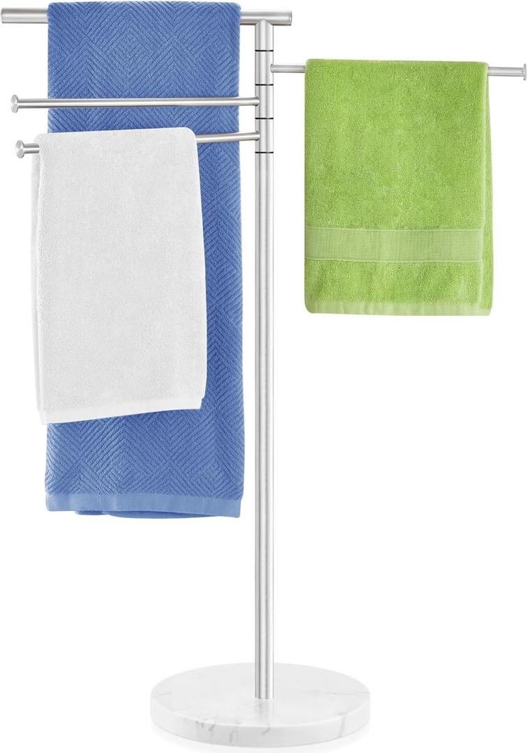 Standing Towel Rack, 4 Tier 360 Rotating Towel Racks for Bathroom with Heavy Marble Base, Freestanding Stainless Steel Foldable Arms Floor Towel Drying Holder Stand for Outdoor Pool, Nickel, YOFOVI