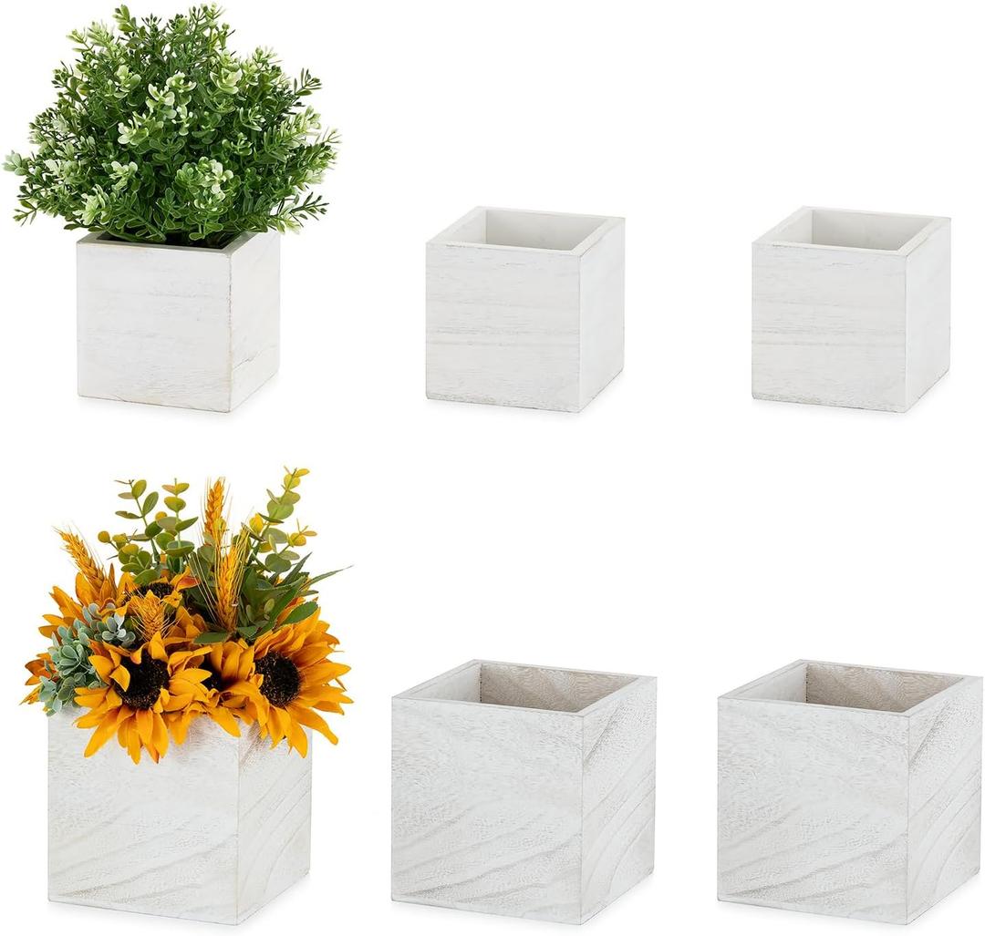 NUPTIO Wooden Box for Centerpiece Wedding: 6 Pcs Rustic Square Planter Box Farmhouse Table Fall Decor - 44" & 55" Whitewashed Small Wood Vases Flower Pots for Windowsill Home Garden