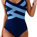 One Piece Swimsuit for Women Modest Full Coverage Bathing Suit Slimming Color Block V Neck Swimwear (Large)