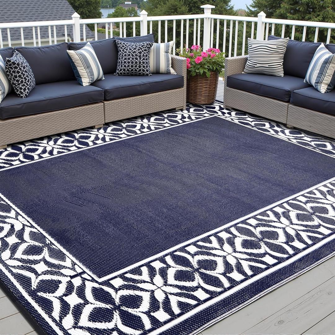 PureCozy Outdoor Plastic Straw Rug Navy Blue Large Outside Waterproof Outdoor Patio 9x12 Carpet Geometric Reversible Mat Modern for Camping RV Porch Deck Balcony Beach