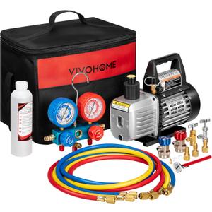 VIVOHOME 110V 1/4 HP 3.5CFM Single Stage Rotary Vane Air Vacuum Pump and AC Manifold Gauge Set Kit with Thermometer for R134a R12 R22 R502 R410a HVAC Air Conditioning Refrigeration Recharging, Black