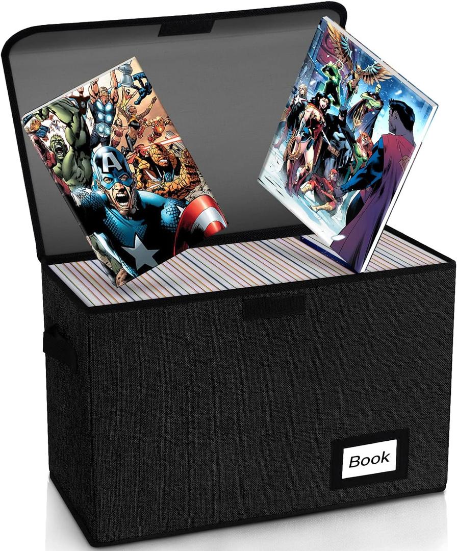 Comic Book Storage Box 15.8" X 7.8" X 11.8", Collapsible Holds 160-180 Comic Book Organizer Heavy Duty Bin Container Holder Shelf (Black) (1pcs)