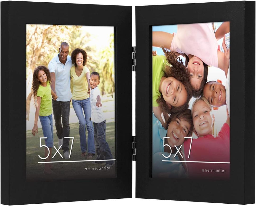 Americanflat Hinged 5x7 Picture Frame with Shatter-Resistant Glass - Double Picture Frames with Engineered Wood - Signature Collection - Photo Frame for Tabletop Display - Black