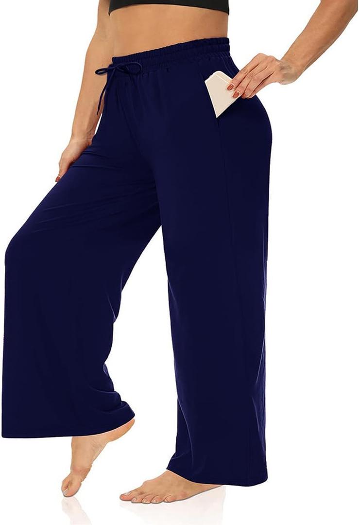 ZORBA Women's Plus Size Wide Leg Casual Palazzo Pants High Waist Yoga Comfy Loose Lounge Pants with Pockets Drawstring (XX-Large Plus, Navy)