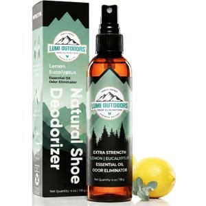Lumi Outdoors Natural Shoe Deodorizer Spray (700+ Sprays) - Odor Eliminator for Smelly Shoes, Sneakers, Boots, Cleats & Foot Odor - Essential Oil Formula, Lemon Eucalyptus