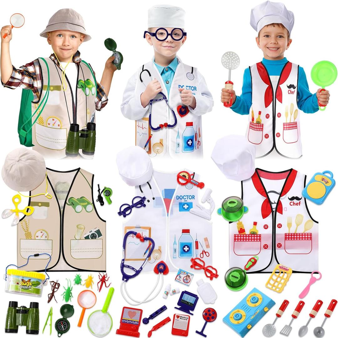 Sratte 3 Sets Kids Dress up Clothes for Boys Girls, Explorer Doctor Chef Role Play Outfits with Hats Accessories, Toddlers Dress up Costumes for Ages 37
