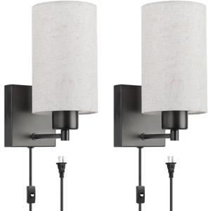 KOONTING® Plug in Wall Sconce Set of 2, Rustic Wall Lamp with Plug-in Cord and On/Off Toggle Switch, Linen Fabric Shade Wall Light Fixture for Headboard Bedroom Living Room Hallway (Circle-Linen)