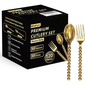 Premium Gold Mini Dessert Utensils Set - 120-Piece (60 Forks & 60 Spoons) with Beaded Handle, 4.4 Inch BPA-Free Plastic, Appetizer Utensils for Parties, Charcuterie Boards & Tasting Events