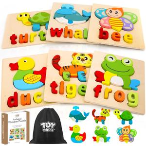 TOY Life Toddler Puzzles Ages 2-4, 6 Animals with Spelling Wooden Puzzles for Toddlers 3-5, Montessori Toys Gifts for 1 2 3 Years Old Boys Girls, Birthday Gifts Educational Learning Toys for Kids