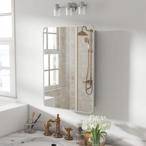 28x20 Inch Matte Silver Medicine Cabinet with Mirror for Bathroom, Aluminum Medicine Cabinet with Frosted Finish, Recessed or Wall Mount Medicine Chest, Modern Sleek Design, Fully Assembled