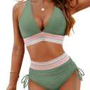 Blooming Jelly Women High Waisted Bikini Sets Tummy Control Swimsuits Color Block Two Piece Drawstring Bathing Suit (Large, Green)