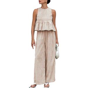 VATEAMI Womens 2 Piece Outfits Sets Gingham Plaid Sleeveless Ruffle Tank Tops and Wide Leg Pants Summer Matching Lounge Sets (Brown-M)