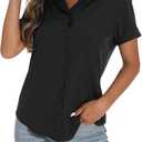 GUANYY Women's Short Sleeve Button Down Shirt Womens Shirts Dressy Casual Business Work Blouses V Neck Collared Tops (X-Large, Black)