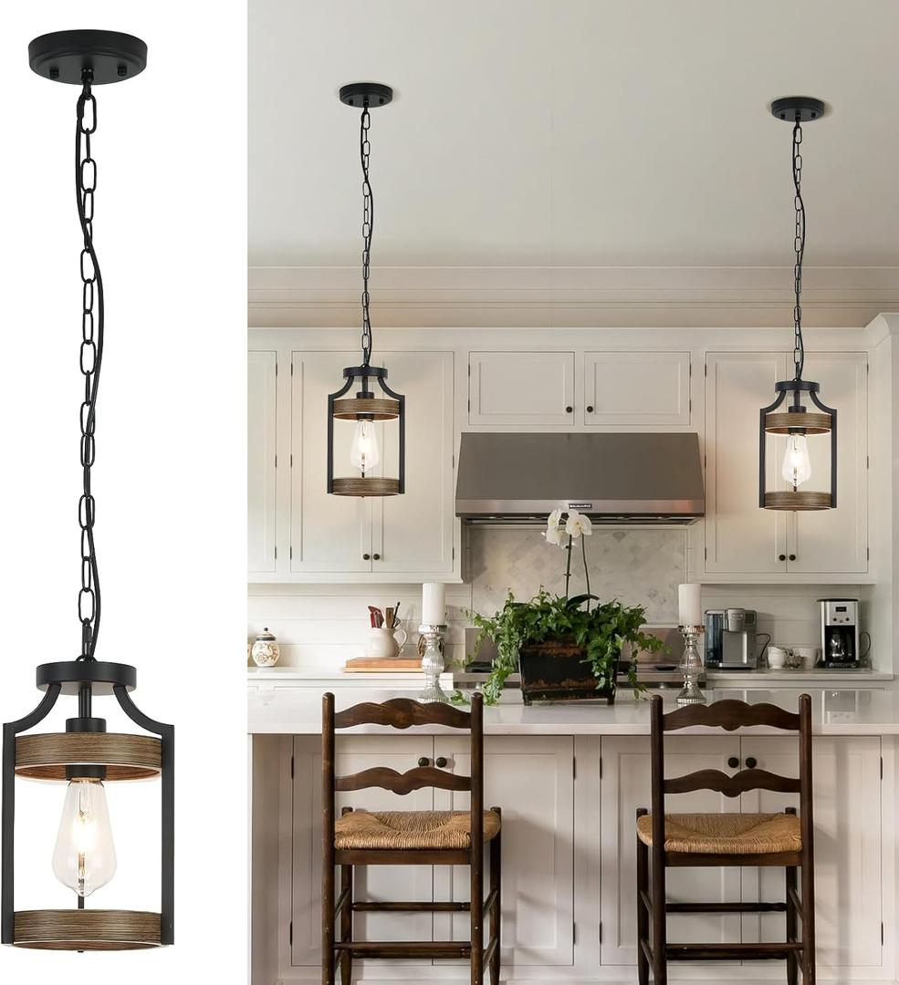 Farmhouse Pendant Light, Rustic Wood Metal Light Fixtures with Adjustable Hanging Chain, Small Pendant Lighting for Kitchen Island, Dining Room, Entryway, Cafe & Bar, 2 Pack