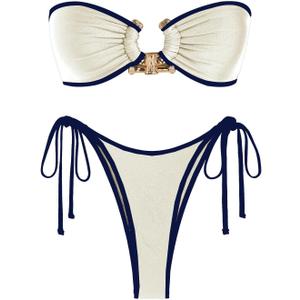 ZAFUL Metal Ring Bandeau Bikini Set Tie Side Bathing Suit High Cut 2 Piece Swimsuit Cutout Swimwear (Small, Silky Beige)