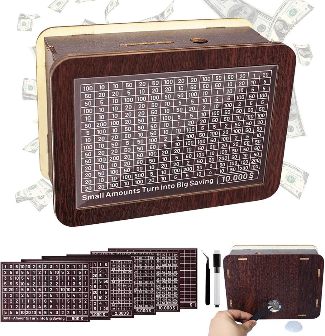 Cash Vault Wooden Savings Box, Piggy Bank for Adults Kids, Coin Bank for Boys and Girls, Unique Savings Challenge Box, Wooden Cash Savings Box with Money Target and Numbers8 Amounts