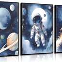 3Pcs Nursery Astronaut Wall Art Kids Space Planets Theme Canvas Painting Rocket Spaceman Wall Decor Explore Dream Galaxy Poster Prints Funny Outer Space Picture for Boys child Bedroom Living Unframed (Blue)