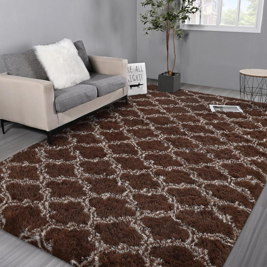 Hutha 8x10 Shag Large Area Rugs for Living Room, Brown and Beige Modern Super Soft Bedroom Carpet, Moroccan Luxury Geometric Plush Fluffy Rug for Kids Nursery Girls Room Indoor Home Decor